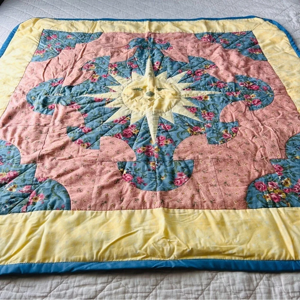 New Handmade Floral Sunburst Quilt - Pink, Blue, Yellow